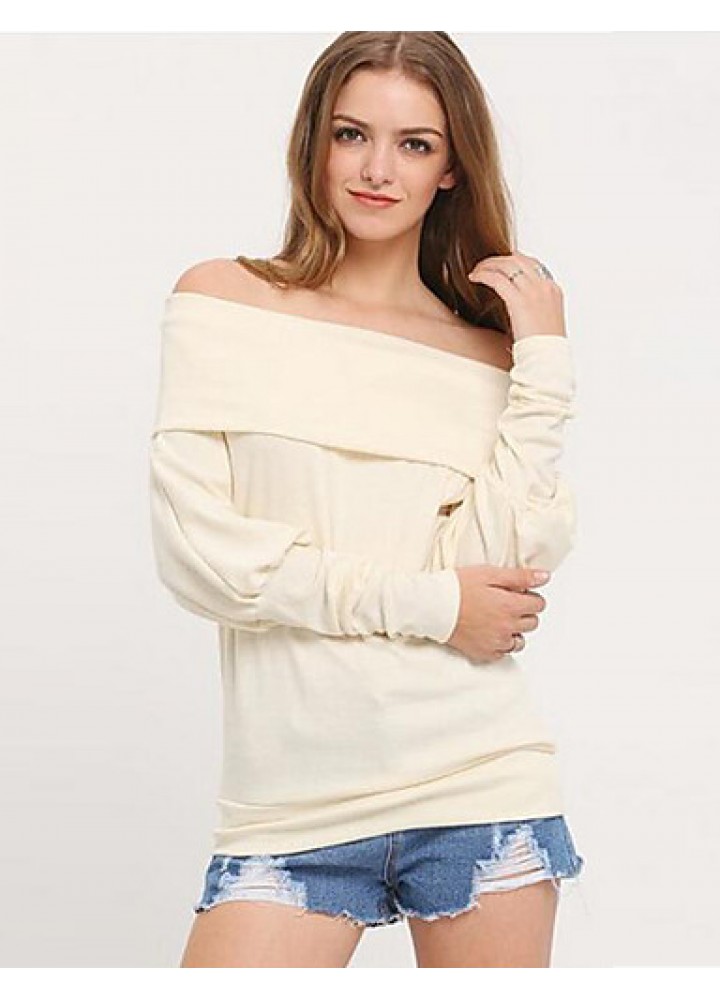 Women's Casual Fall / Winter T-shirt Solid Off Shoulder Long Sleeve White / Brown Shirt