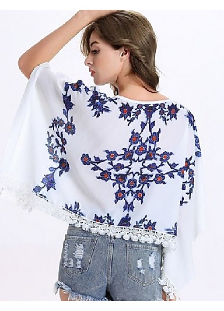 Women's Causal Loose Print Round Neck Lace Big Sleeve Blouse