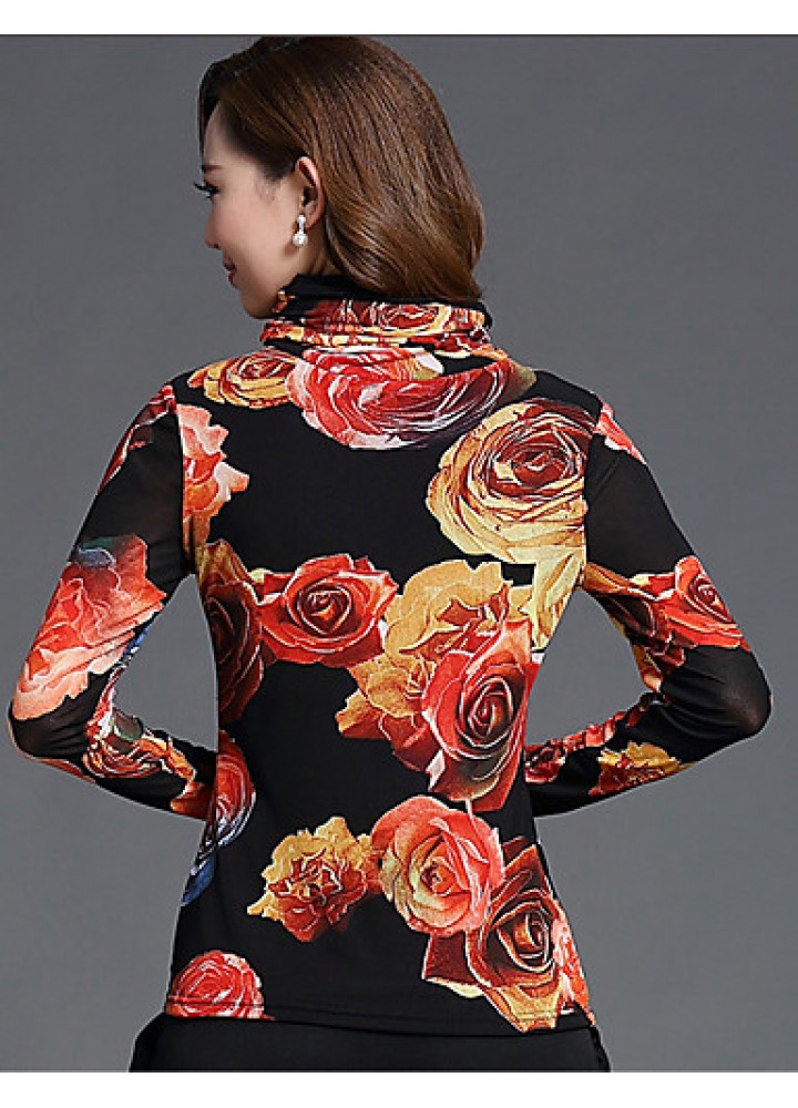 Spring/Fall Women's Casual/Daily Tops Turtleneck Long Sleeve Fashion Floral Printing Gauze Blouse Shirt