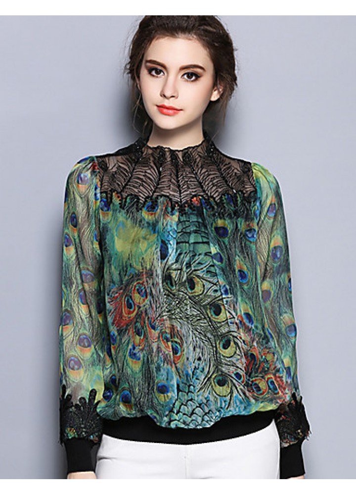 Women's Going out Vintage Spring BlousePrint Crew Neck Long Sleeve Green Cotton / Polyester Thin