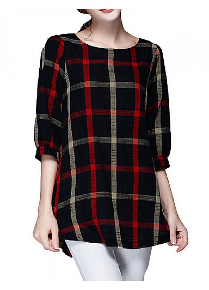 Women Ladies Blouse Plaid Print O Neck 3/4 Sleeve Plus Size Casual Loose Vintage Shirt Tops