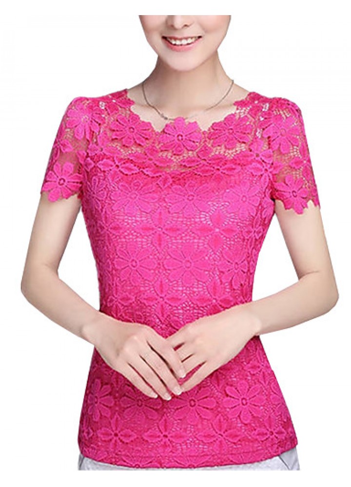 Summer Plus Size Women Solid Color Round Neck Short Sleeve Lace Blouse Slim Was Thin T-shirt Tops