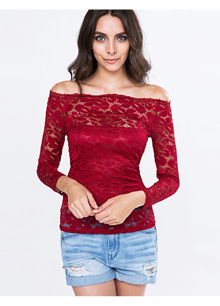 Women's Vogue Lace Bateau Long Sleeve Hollow Out Lace T-shirt