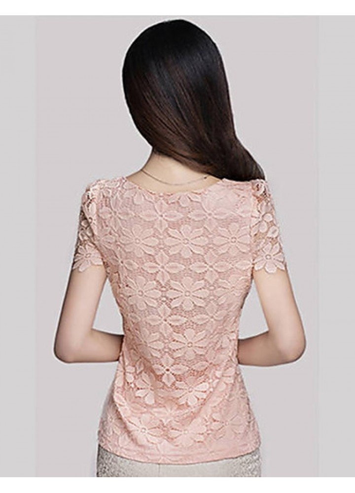 Summer Plus Size Women Solid Color Round Neck Short Sleeve Lace Blouse Slim Was Thin T-shirt Tops