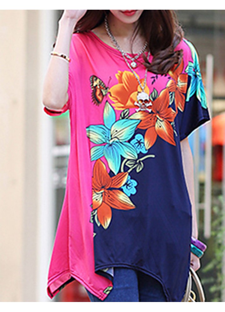 Women's Casual/Daily Boho / Street chic Summer T-shirt,Floral Round Neck Short Sleeve Pink Rayon Thin