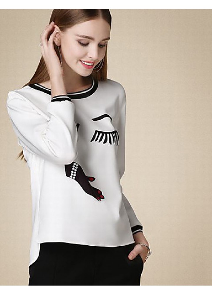 Women's Casual/Daily Cute Fall T-shirtPrint Round Neck Long Sleeve White Cotton Medium