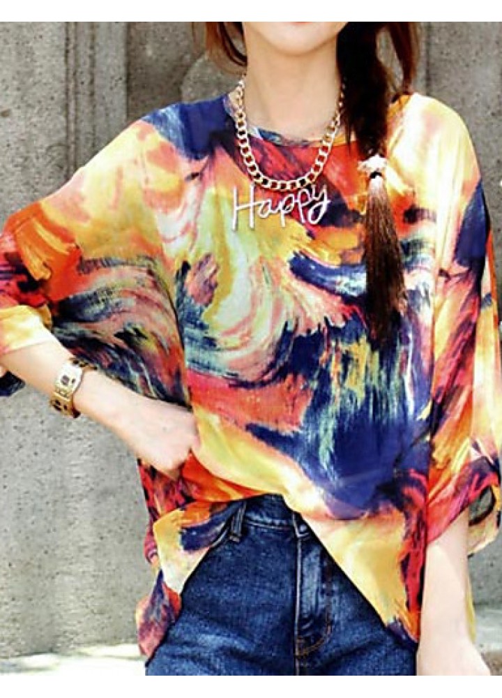 Women's Casual/Daily Boho Summer Blouse,Print Round Neck ? Sleeve Orange Polyester Thin