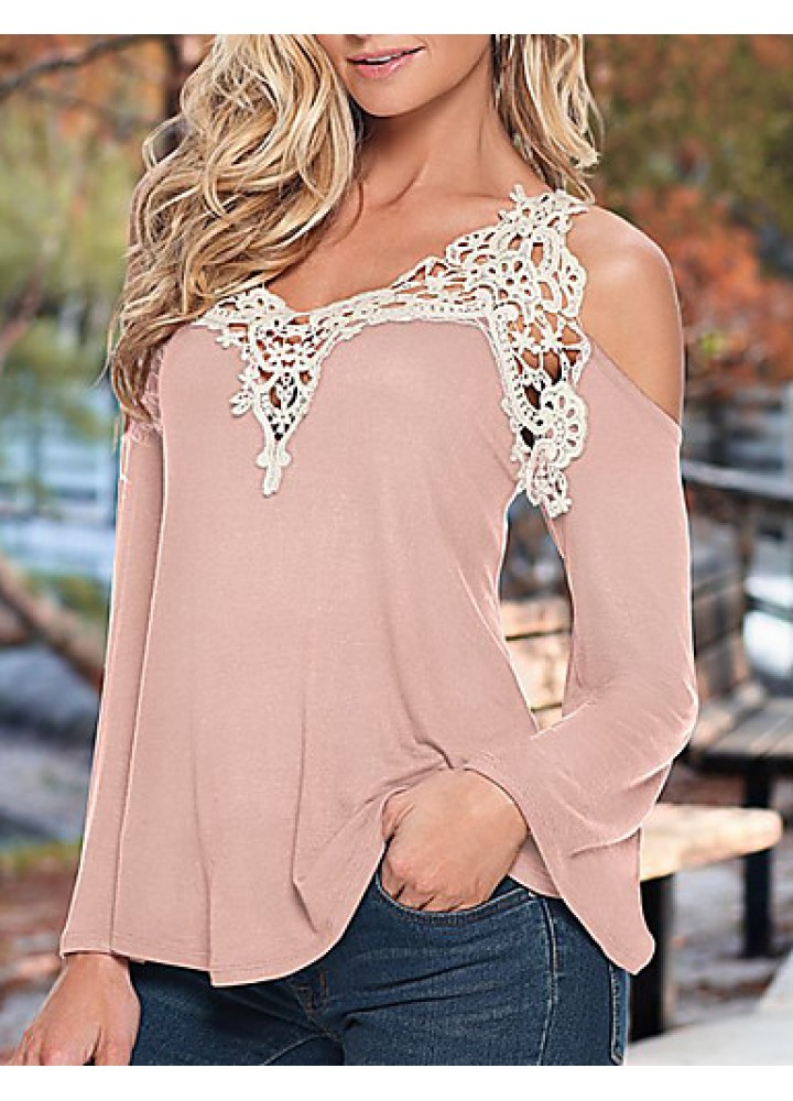 Women's Patchwork Lace Strap Off-The-Shoulder All Match Loose Casual V Neck Long Sleeve Plus Size T-shirt