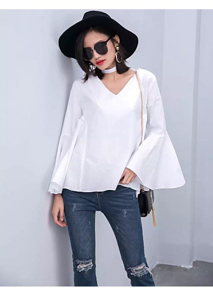 Women's Flare Sleeve Solid White / Black Loose Thin Blouse,Plus Size V Neck Long Sleeve