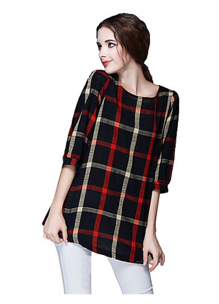 Women Ladies Blouse Plaid Print O Neck 3/4 Sleeve Plus Size Casual Loose Vintage Shirt Tops