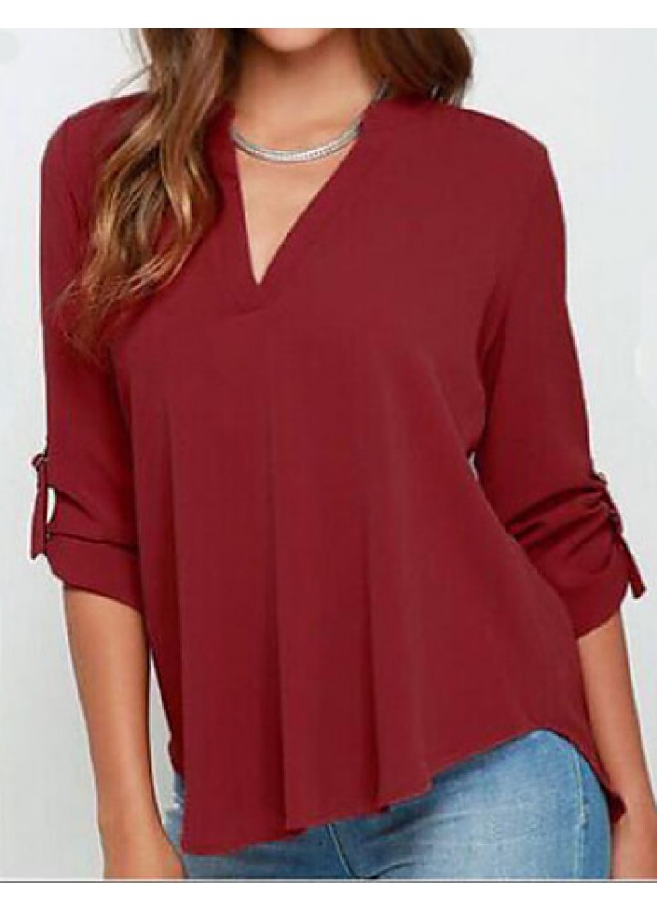 New Blusas Sexy V Neck Chiffon Women Blouse Casual Long Sleeve OL Style Solid Shirts Tops Plus Size