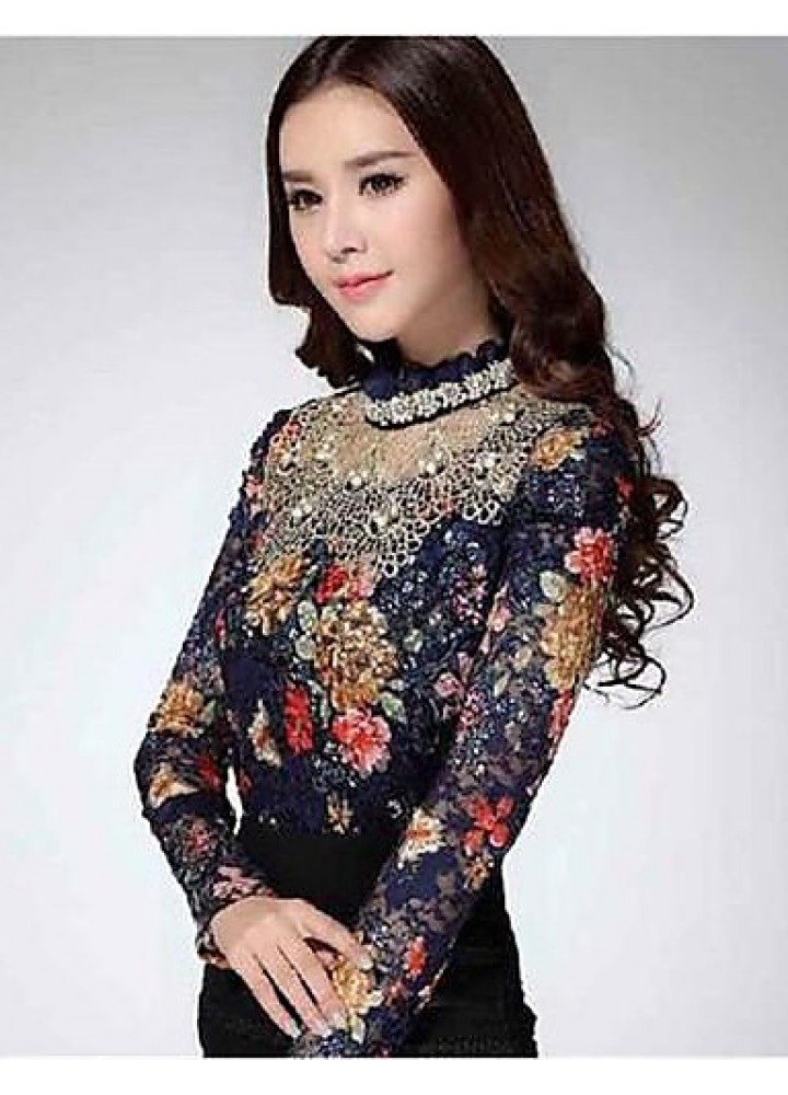 Women's Stand Lace/Mesh T-shirt , Chiffon Long Sleeve