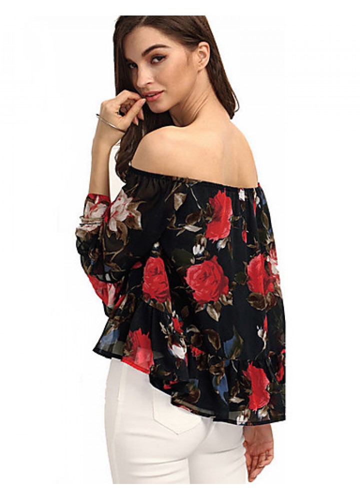 Women's Going out Sexy / Street chic All Seasons Blouse,Floral Boat Neck Long Sleeve Black Polyester Thin