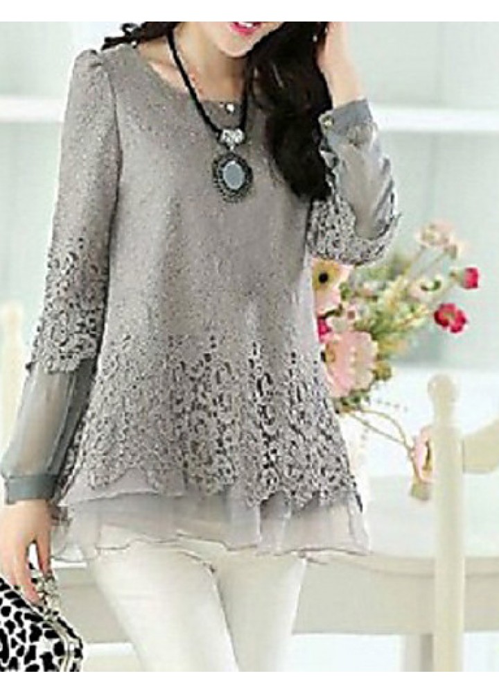 Women's Patchwork Black/Beige/Gray Blouse,Casual Round Neck Long Sleeve Hollow Out