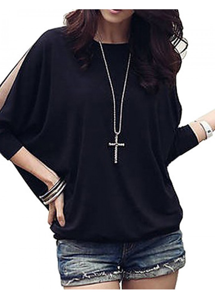 Women's Batwing Round Neck Sheer Mesh Cape Sleeve Loose T-Shirt