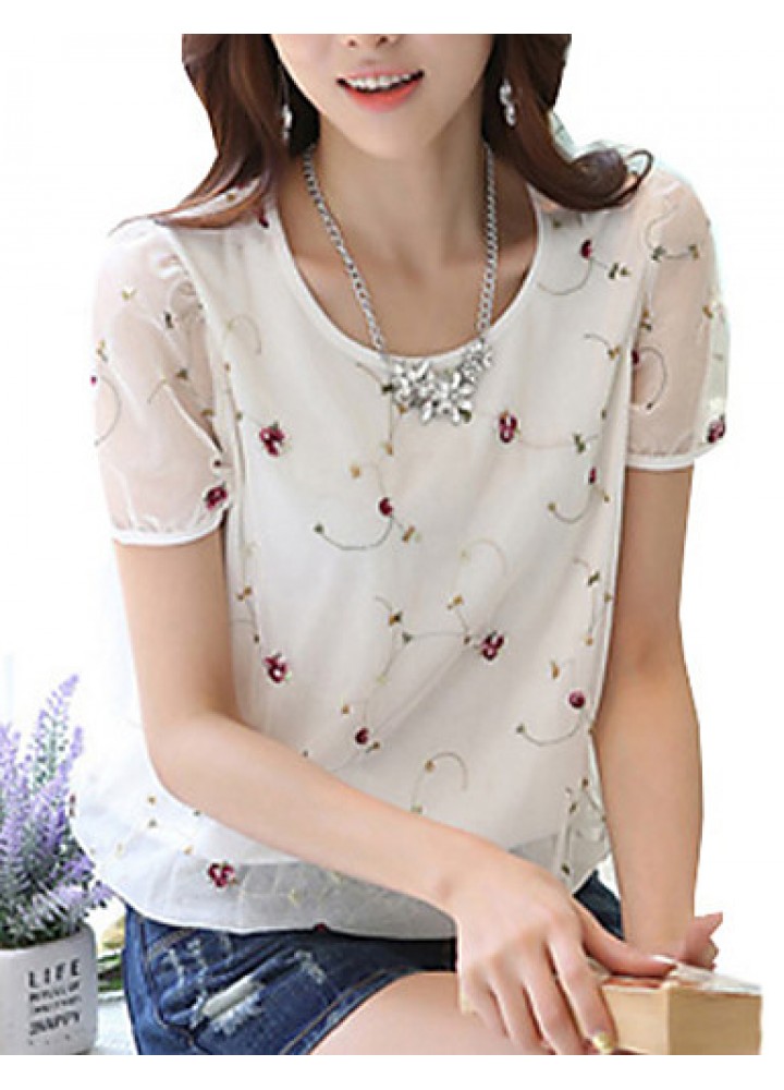 Women's Print White / Black Blouse,Round Neck Short Sleeve