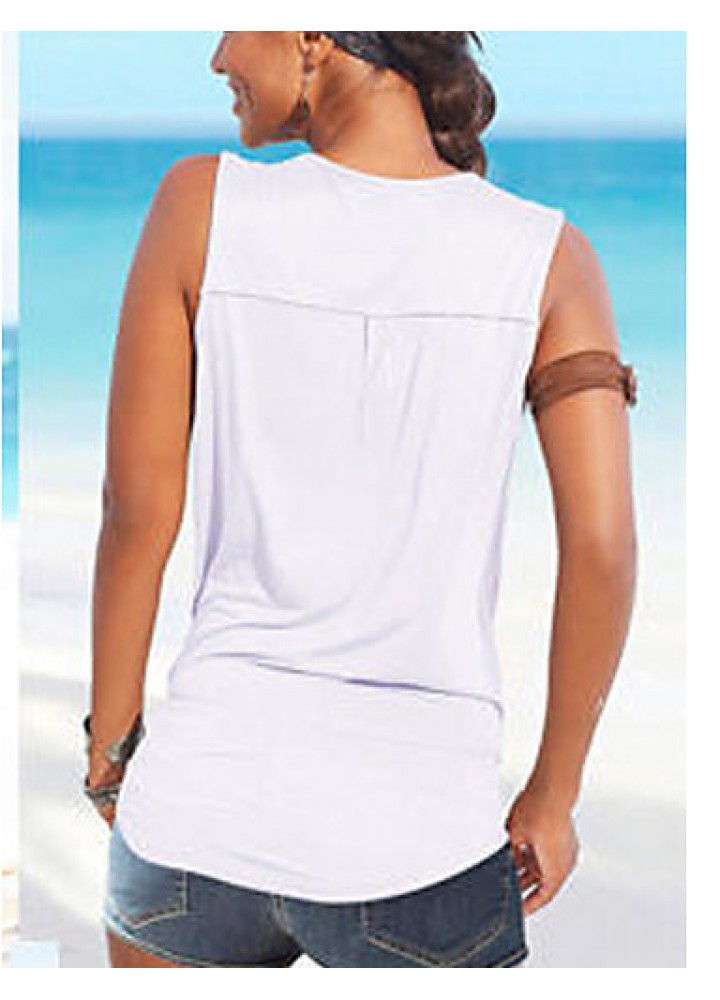 Women's Beach Sexy / Boho T-shirt,Solid Deep V Sleeveless White / Black / Brown Polyester Thin