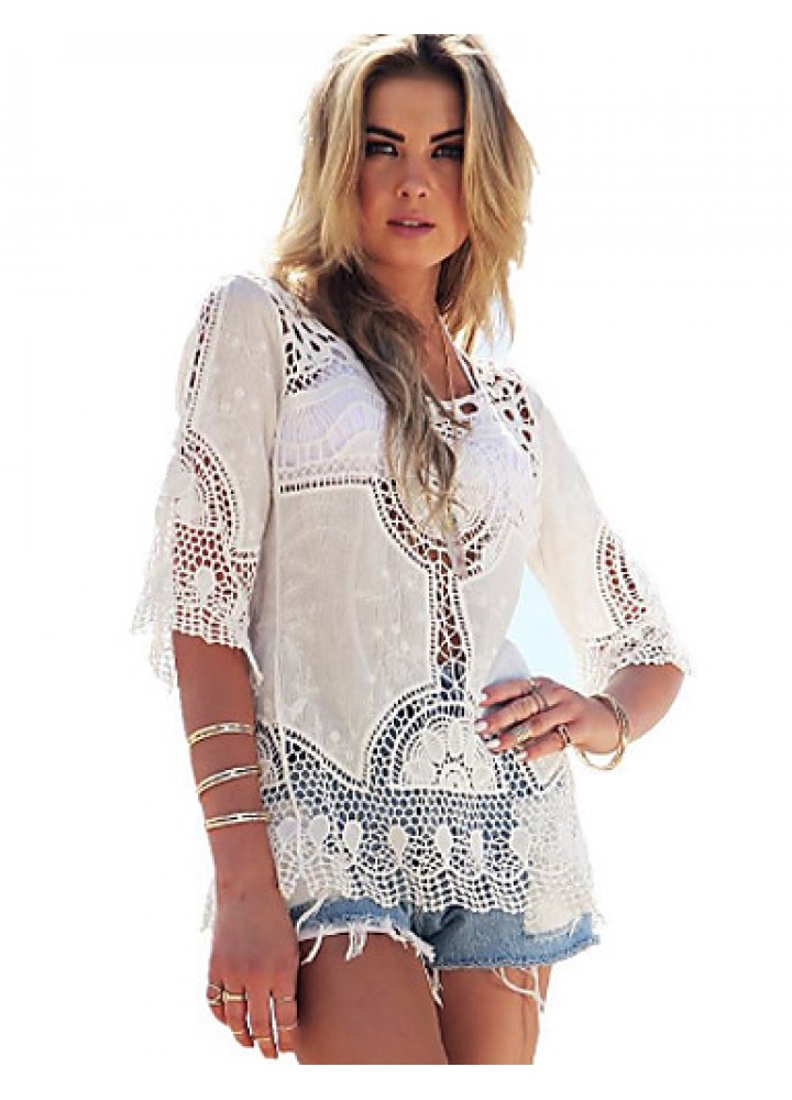 Women's Beach Sexy / Boho Blouse,Solid Round Neck ? Length Sleeve White Rayon Medium