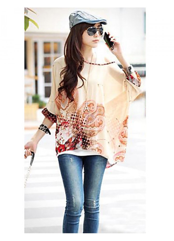 Women's Slack Neck Batwing Sleeve Printed Loose-Fitting Blouse