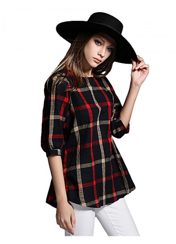 Women Ladies Blouse Plaid Print O Neck 3/4 Sleeve Plus Size Casual Loose Vintage Shirt Tops