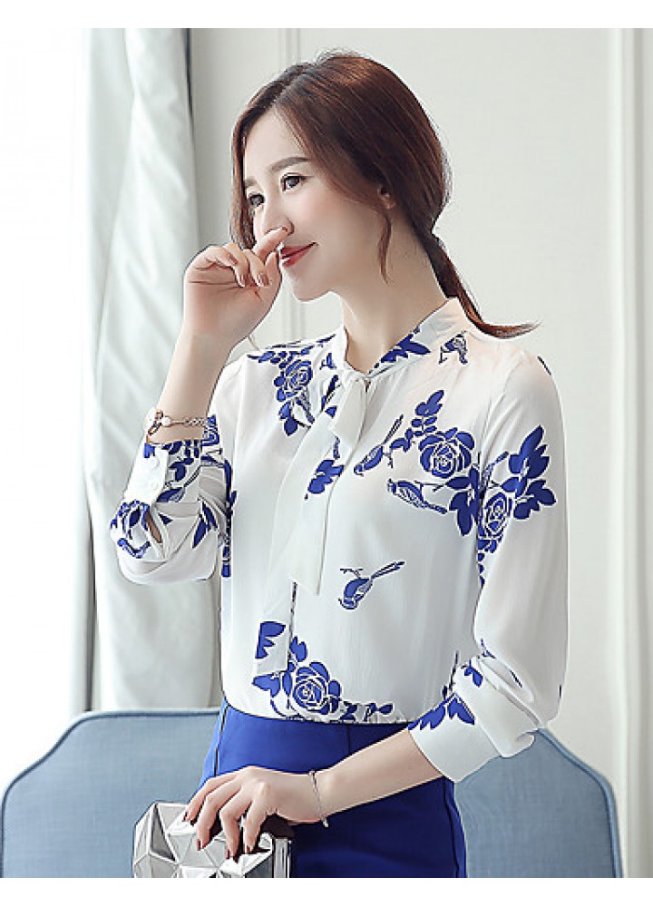 Women's New Fashion Bowknot Chiffon Long Sleeve Blouses Shirt