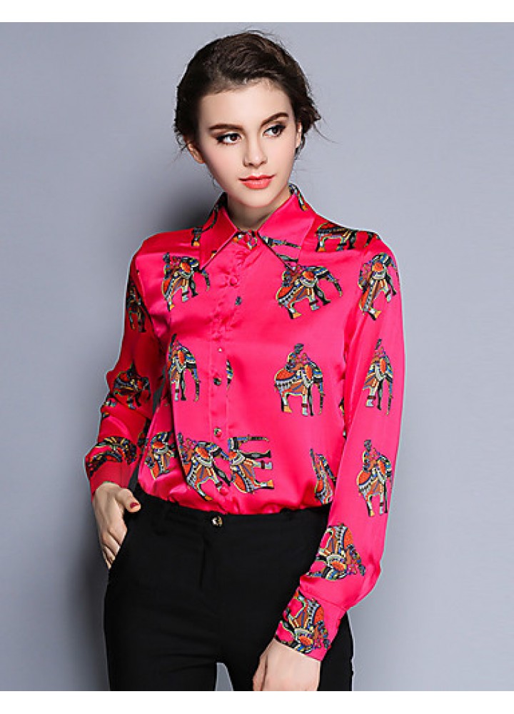 Women's Work Vintage Spring ShirtAnimal Print Shirt Collar Long Sleeve Red /