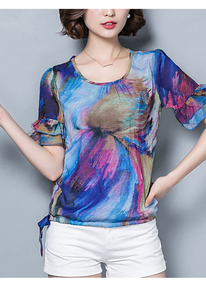 Women's Casual/Daily Vintage / Boho Summer Blouse,Print Round Neck Short Sleeve Red / Purple Polyester Thin