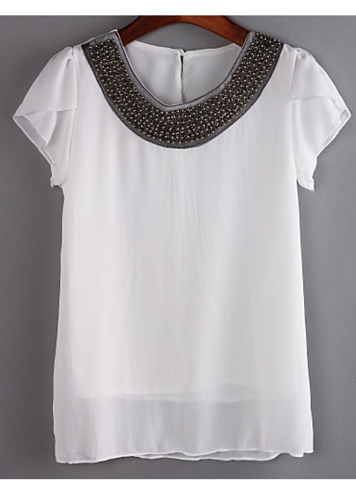 Women's Round Neck Sequins Blouse , Chiffon Short Sleeve