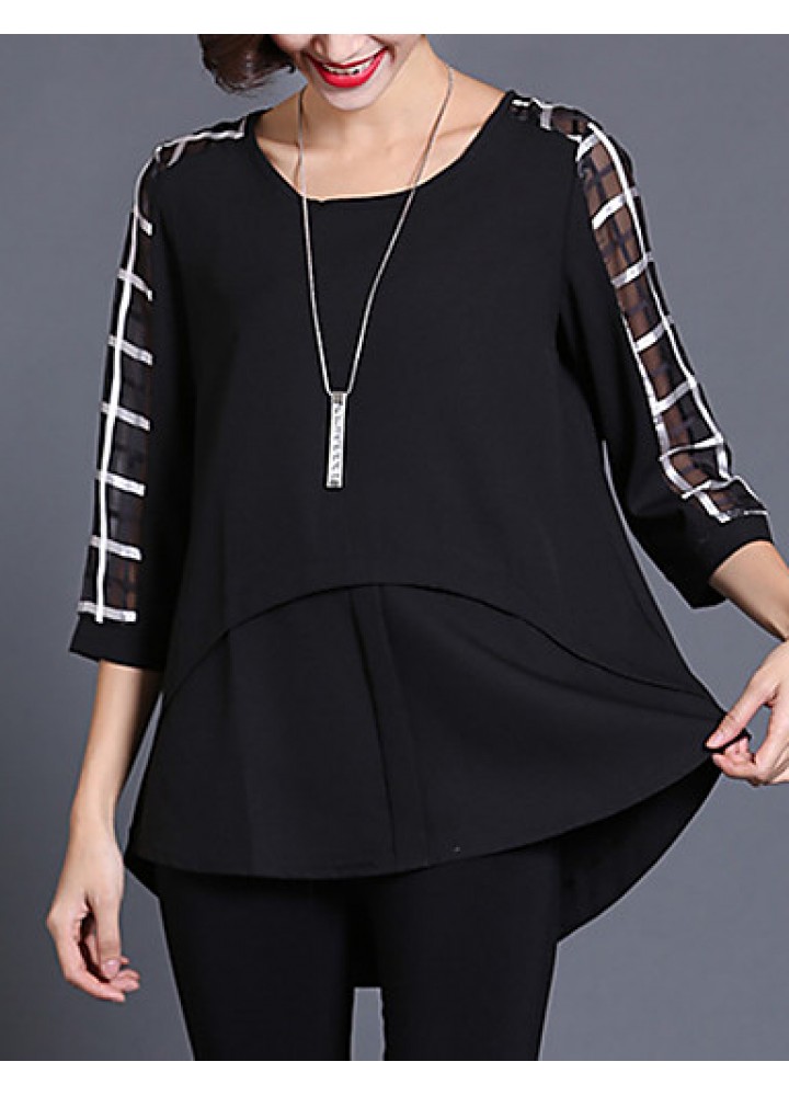 Women's Casual/Daily Plus Size / Street chic Summer Blouse,Check Round Neck ? Sleeve Black Silk / Polyester Thin