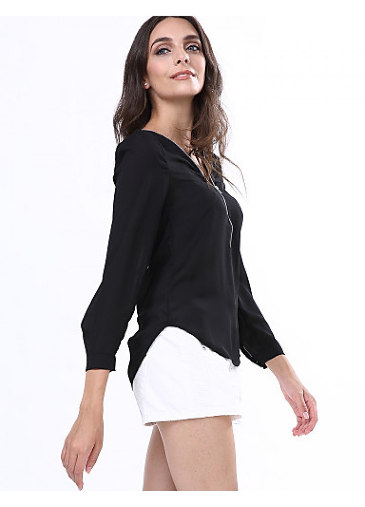 Women‘s V Neck Long Sleeve Zipper Blouse(More Colors)