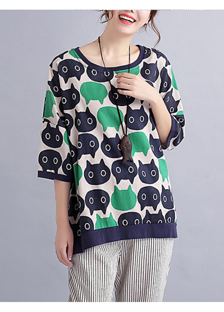 Women's Casual/Daily Cute / Street chic Spring / Fall T-shirt Print Round NeckSleeve Green Cotton / Linen Medium