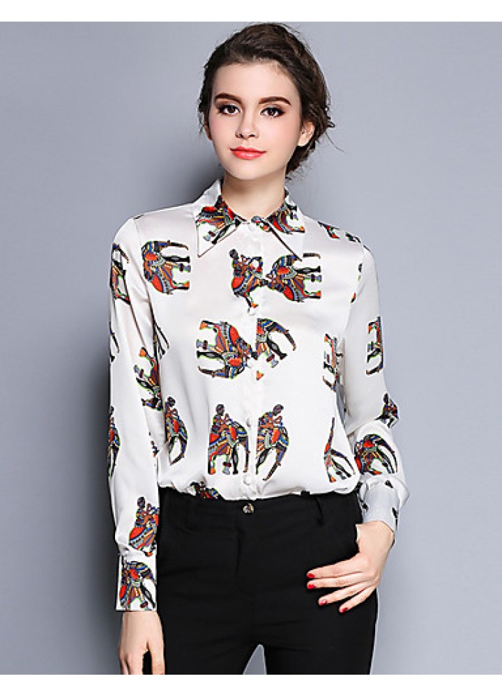 Women's Work Vintage Spring ShirtAnimal Print Shirt Collar Long Sleeve Red /