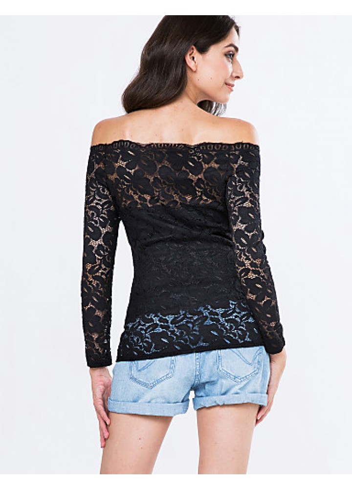 Women's Vogue Lace Bateau Long Sleeve Hollow Out Lace T-shirt