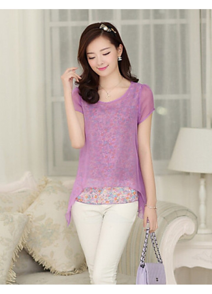 Women's Casual/Daily Simple Summer Blouse,Print Round Neck Short Sleeve Blue / Pink / Green Thin