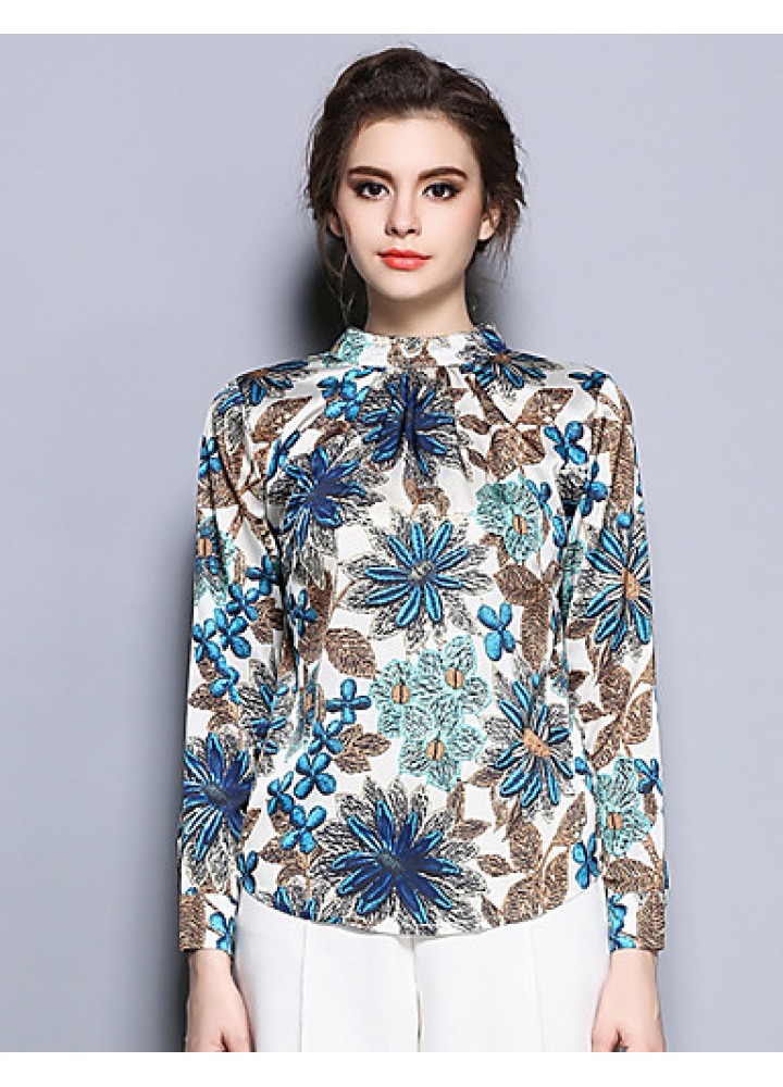 Women's Going out Vintage Spring BlousePrint Stand Long Sleeve Blue Cotton / Polyester Thin