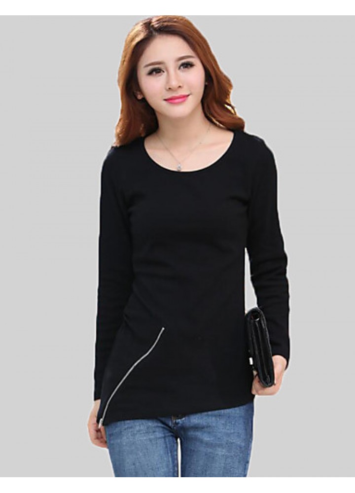 Women's Casual/Daily Simple Fall T-shirtSolid Round Neck Long Sleeve Black / Yellow Cotton Medium