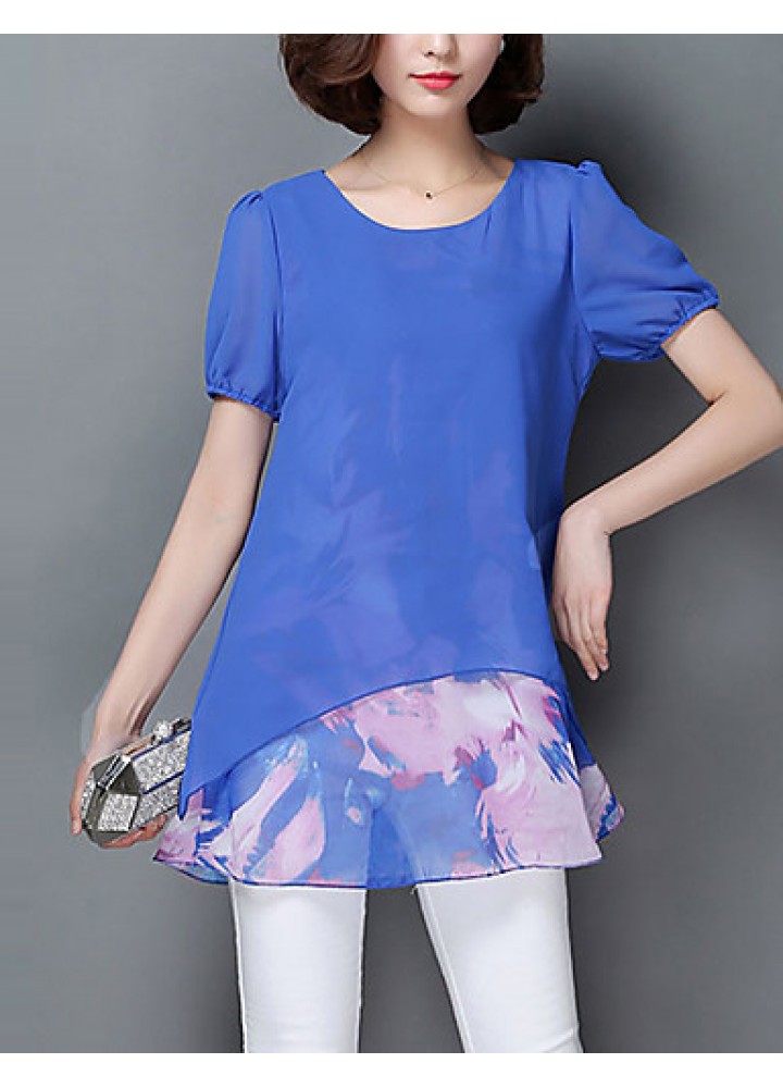 Women's Print Blue / Black / Orange Blouse,Round Neck Short Sleeve