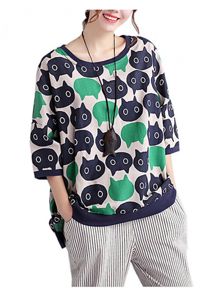 Women's Casual/Daily Cute / Street chic Spring / Fall T-shirt Print Round NeckSleeve Green Cotton / Linen Medium