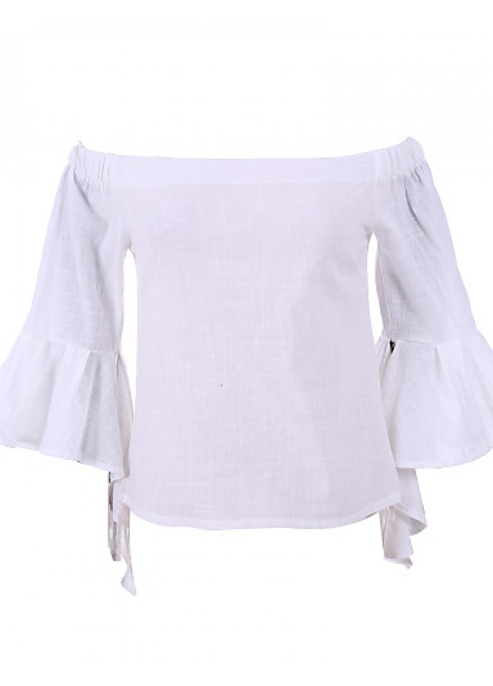 Women's Solid White / Black Blouse,Boat Neck ? Sleeve