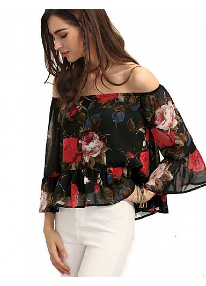 Women's Going out Sexy / Street chic All Seasons Blouse,Floral Boat Neck Long Sleeve Black Polyester Thin