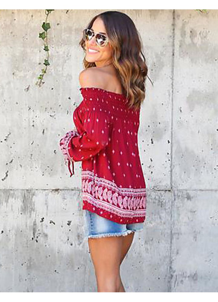 Women's Casual/Daily Sexy / Street chic Backless Bandage Spring / Fall T-shirt Print Boat Neck Long Sleeve Red