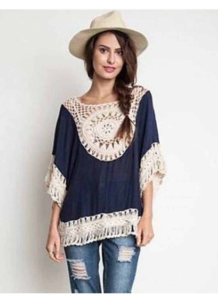 Women's Patchwork Lace Bohemian style Hollow Out Blouse,Round Neck ? Length Sleeve