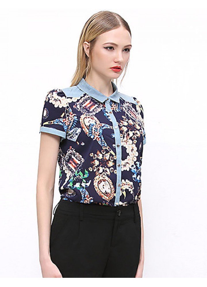 Women's Going out Vintage Summer ShirtPrint Shirt Collar Short Sleeve Blue / Green Cotton / Polyester Opaque