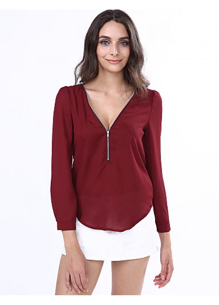 Women‘s V Neck Long Sleeve Zipper Blouse(More Colors)