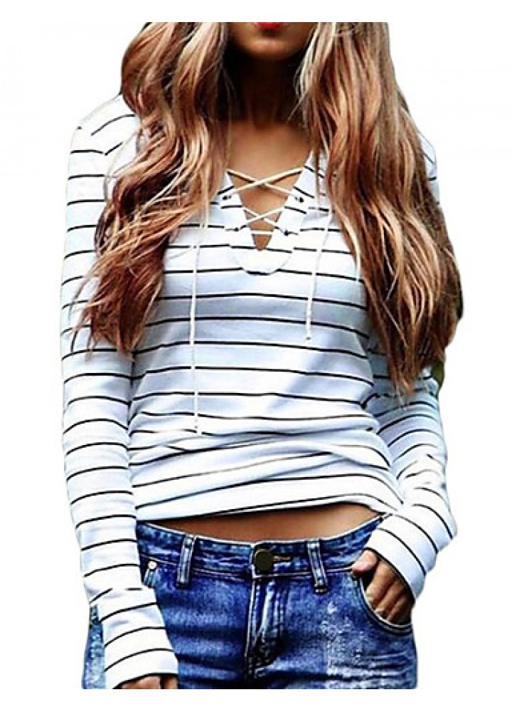 Women's Casual/Daily Sexy / Street chic Spring / Fall Hollow Out Slim Bandage T-shirtStriped V Neck Long Sleeve White