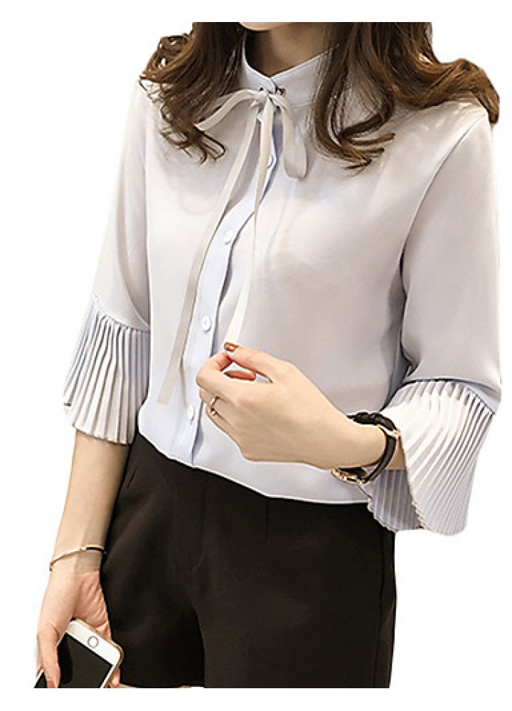 Women's Casual/Daily Simple Spring / Fall Shirt,Solid / Letter Shirt Collar Long Sleeve Blue / White Others Thin