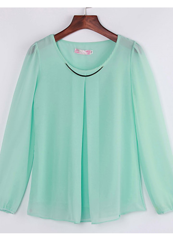 Women's Plus Size White/Black/Green Round Neck Blouse, Chiffon Long Sleeve