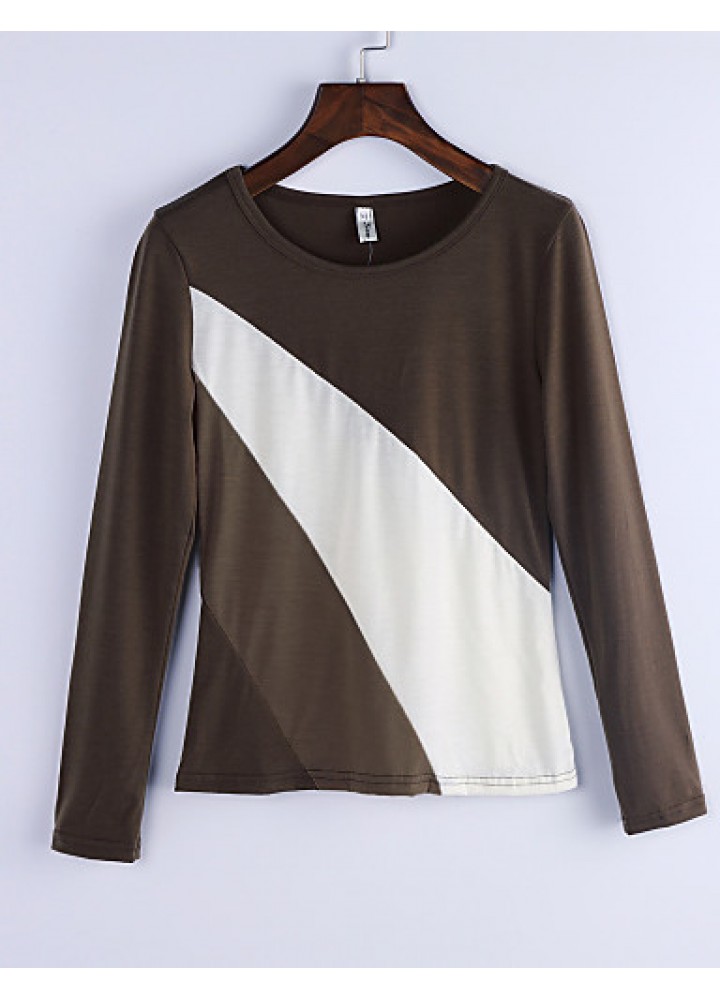 Women's Casual Round Collar Long Sleeve Spliced Color Block T-shirt