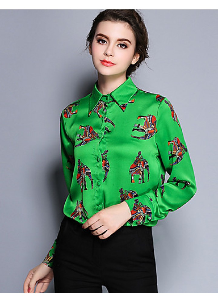 Women's Work Vintage Spring ShirtAnimal Print Shirt Collar Long Sleeve Red /