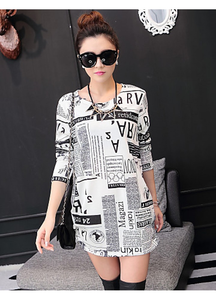 Women's Casual/Daily Street chic Fall T-shirt,Letter Round Neck Long Sleeve White Cashmere Medium